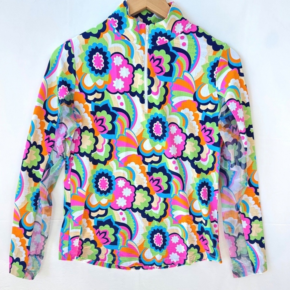 IBKUL Womens Long Sleeve Quarter Zip Performance Mesh Floral Sun Shirt Small